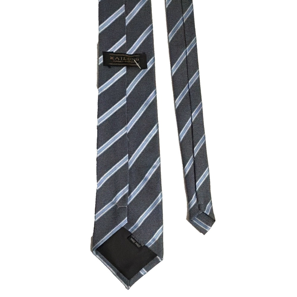Kai Long Men's Gray/Blue/White Striped Handmade 100% Polyester Tie